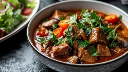 Low-calorie pork and mushroom soup served in a minimalist bowl, topped with parsley, fresh salad on the side,