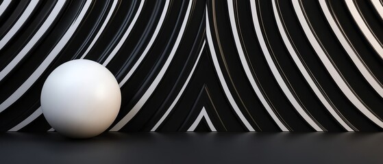 A white sphere rests against a black and white patterned background featuring curved lines, creating a striking visual contrast.