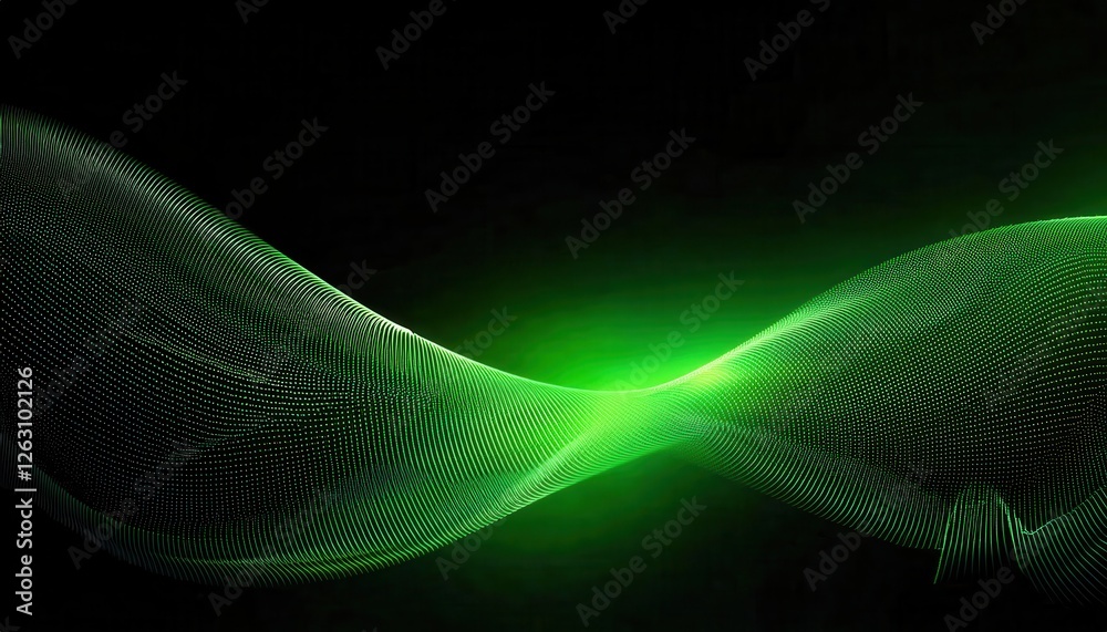 Poster futuristic green wave with digital particle flow on black background, abstract technology concept fo