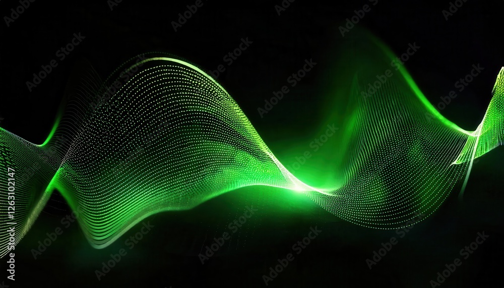 Poster futuristic green wave with digital particle flow on black background, abstract technology concept fo