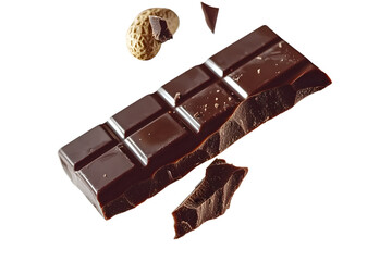 Chocolate bar wafer falling with choc flake in the air isolated on background, peanut crispy snack, dessert sweet concept, piece of dark chocolate.