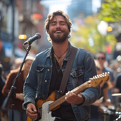 Musician singing and playing guitar during open air concert