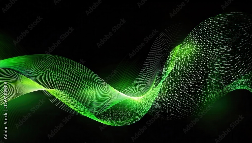 Aufkleber futuristic green wave with digital particle flow on black background, abstract technology concept fo