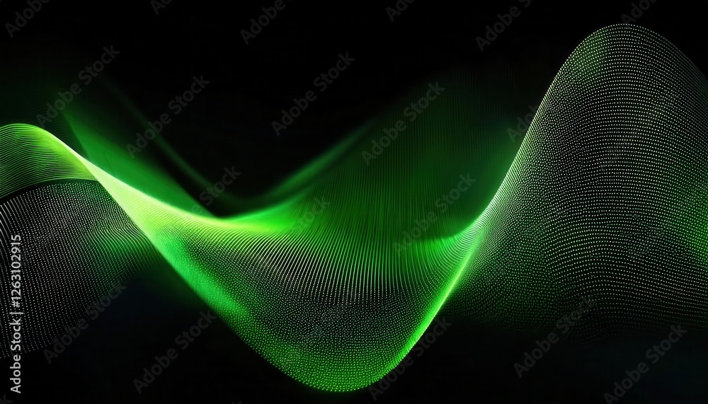 Poster futuristic green wave with digital particle flow on black background, abstract technology concept fo