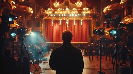 Director watching theater stage during rehearsal with cameras and crew