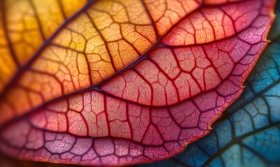 Obraz premium Close-up of a colorful leaf with detailed veins showcasing a spectrum of yellows reds and blues