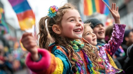 Children celebrating gay pride parade with rainbow flags and colorful clothes