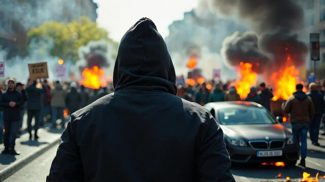 Unseen Witness: A lone figure, shrouded in a black hoodie, stands with their back to the camera, observing a chaotic street protest filled with burning cars and smoke.