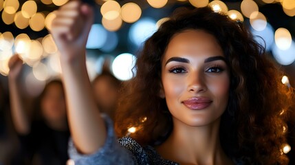Fototapeta premium Young African American woman with curly hair smiling at night, illuminated by warm bokeh lights in background. Natural makeup and confident expression creates festive mood.