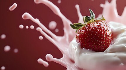 Fresh ripe strawberry with green leaves falling into creamy white milk splash on burgundy background, dynamic food photography with liquid motion.