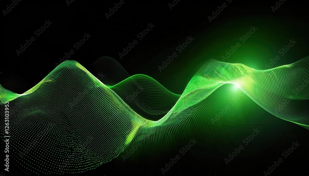 Poster futuristic green wave with digital particle flow on black background, abstract technology concept fo