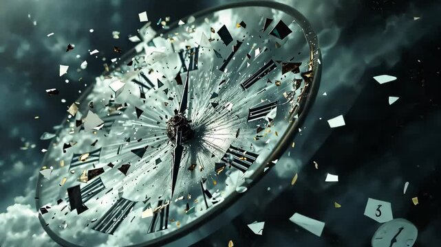 Shattered Time: A clock face frozen mid-shattering, its hands frozen in a silent, haunting tableau. shards of time scatter through a dark, swirling vortex.