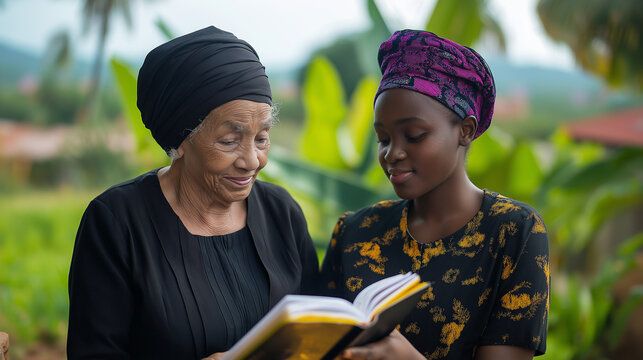 An elderly woman warmly sharing a Gospel message with a younger friend, their eyes reflecting wisdom and the joy of passing down faith across generations.