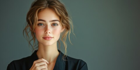 Fototapeta premium Young woman with natural beauty posing against a neutral background in soft lighting