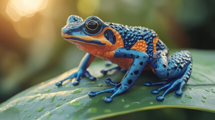 Obraz premium Frog rests on wet leaf, sunlit jungle backdrop, nature stock