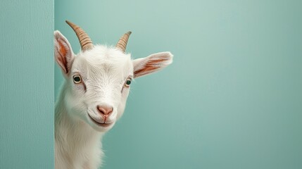 Obraz premium Adorable Fluffy White Baby Goat Peeking from Behind a Teal Wall
