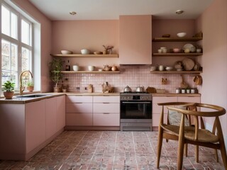 Fototapeta premium Pastel Pink Kitchen With Wooden Accents And Tile Floor