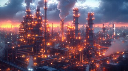 Fototapeta premium Illuminated Industrial Complex at Sunset Over Cityscape