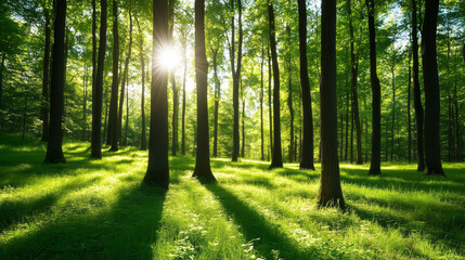 Lush forest with sunlight filtering through trees, creating serene shadows