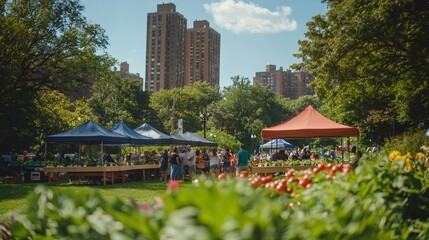 Community gathering with farmers market stalls in a vibrant city park