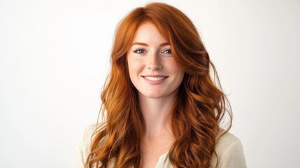 Fototapeta premium Smiling Woman with Long Wavy Red Hair Warmly.
