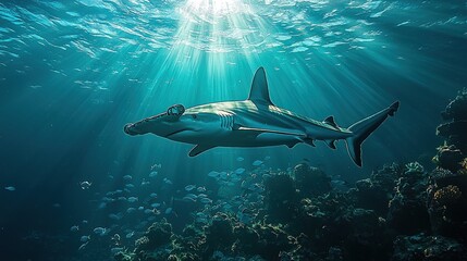Obraz premium Hammerhead Shark Swimming in Ocean Sunlight