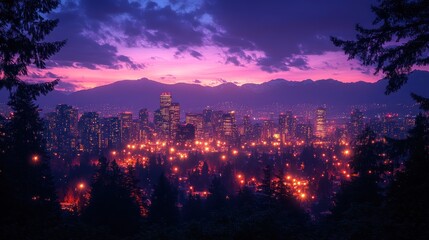 Fototapeta premium City Skyline Twilight Mountains Night Lights