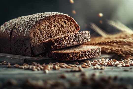 Whole grain bread loaf with seeds sliced, displayed on rustic wooden table surrounded by wheat and rye