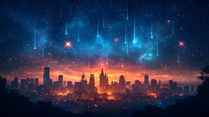 Fototapeta premium Glowing Castle Silhouette Under Vibrant Starry Night Sky with Radiant Shooting Stars