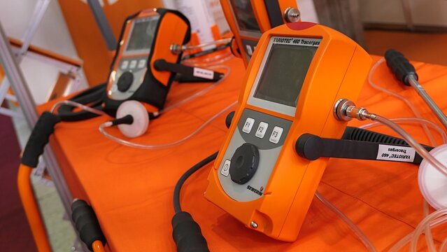 Units of advanced modern gas detectors Variotec 460 Tracegas used for detection of leaks in underground pipes using tracer gas. Displayed on Aquatherm expo in Nitra, Slovakia, february 2025. 