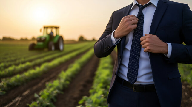 A professional man in a navy business suit adjusts his tie while standing in front of a blurred green tractor, with rows of crops stretching into the distance behind him. - Powered by Adobe