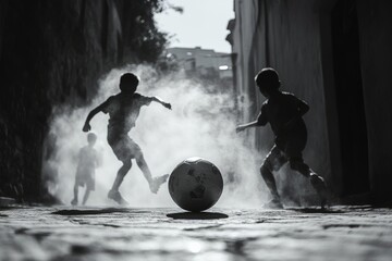 A dynamic black and white action shot of kids playing soccer in a narrow alley, dust rising as they kick the ball, embodying the joy of childhood, copy space background