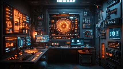 Fototapeta premium Futuristic Control Room Workstation With Advanced Technology Displays