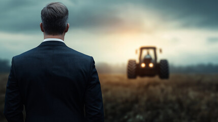 A business executive in a suit looks confidently towards the horizon, standing in a field with the blurred silhouette of a powerful tractor in the background, symbolizing strength