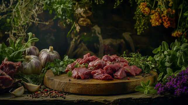 Fresh cuts of goat meat displayed on a rustic wooden board