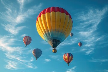 Fototapeta premium A mesmerizing low-angle view of multiple hot air balloons in vibrant shades of red, yellow, and blue, floating gracefully against a bright blue sky with wispy clouds, copy space background