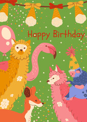 Animals by wrapped presents, balloons and confetti