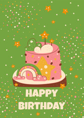 Birthday cake with rainbow, clouds, stars