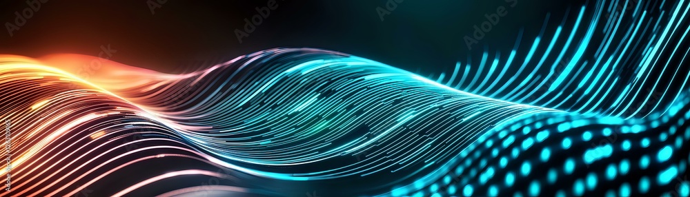Poster abstract flowing waves of orange and turquoise light with glowing dots creating dynamic motion effec