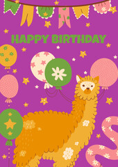 Animal llama by wrapped presents, balloons