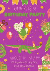 Animal crocodile by wrapped presents, balloons