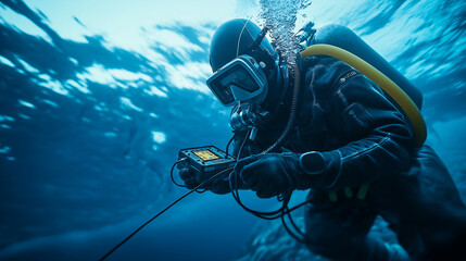 A deep-sea technician in a full-body wetsuit and underwater helmet connects a monitoring device to a fiber-optic cable, analyzing real-time data as underwater currents swirl around