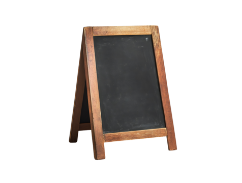 A blank black chalkboard on an A-frame wooden menu board, isolated against a transparent background