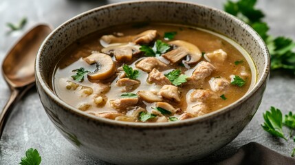 Minimalist pork and mushroom soup presentation in a shallow bowl, with muted tones of green and beige around,