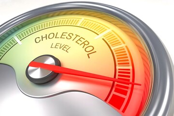 Colorful gauge illustrating cholesterol levels with a needle pointing to a high range in red, emphasizing health awareness.