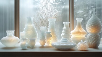 Illuminated white glass vases displayed near a window