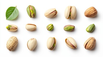 Pistachio Pistachio nuts arranged on a white background