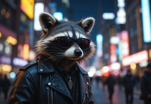 Mapache con una chaqueta de cuero negra y gafas de sol retro, que exuda una actitud rebelde frente al paisaje nocturno de la ciudad
