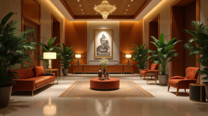 Stylish hotel lobby interior with soft sofas, large chandelier, paintings and potted plants, beige brown tones
