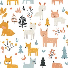 Bright fox floral print,Cute animal seamless pattern with jungle drawing. Hand drawn floral animal seamless pattern on the white background. pastel colors